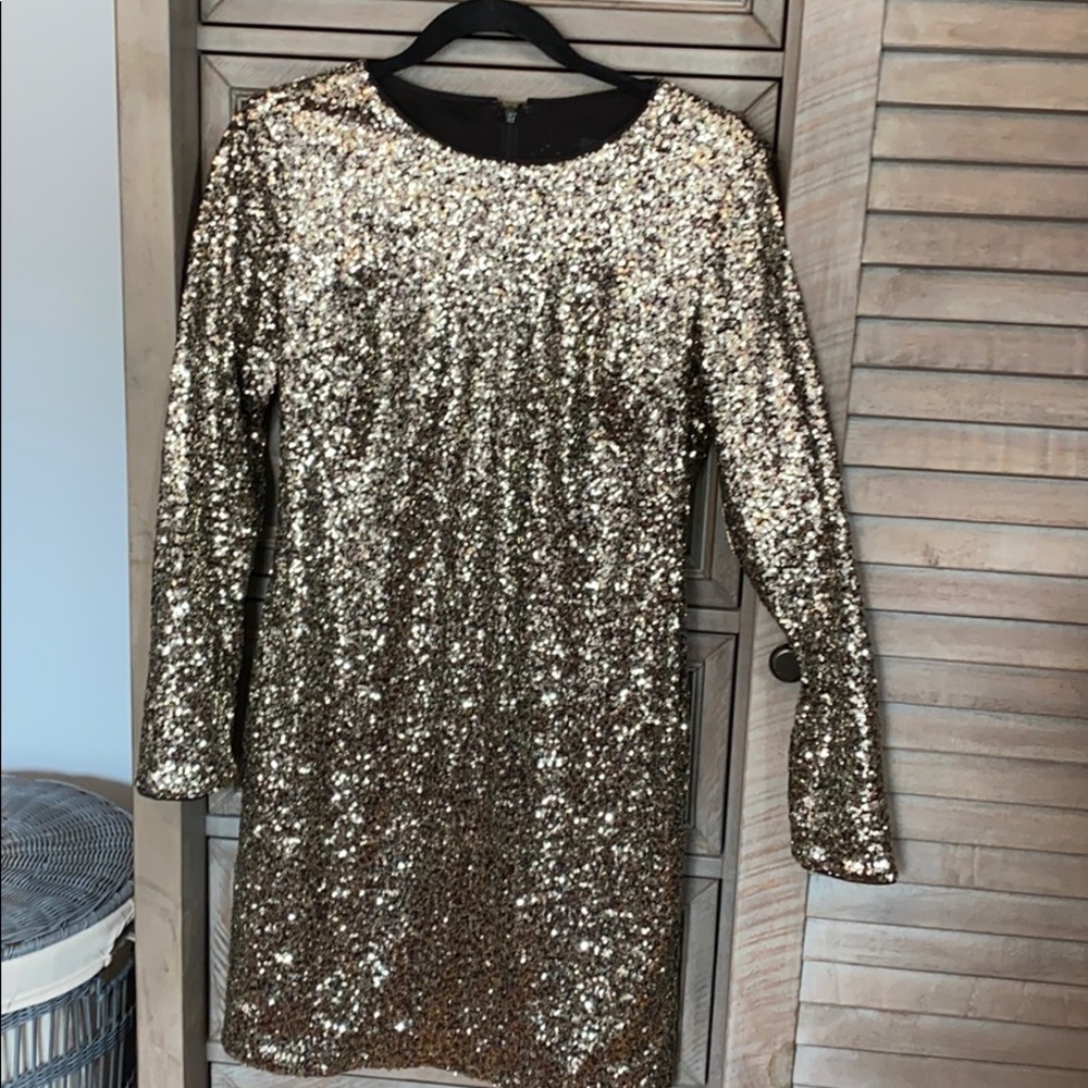 Long sleeve soft gold sequins dress